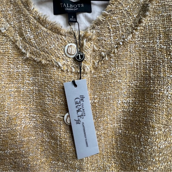 Talbots Grace Fit Collarless Gold Tweed Metallic Blazer Jacket Jackie O Fringe - Picture 9 of 15